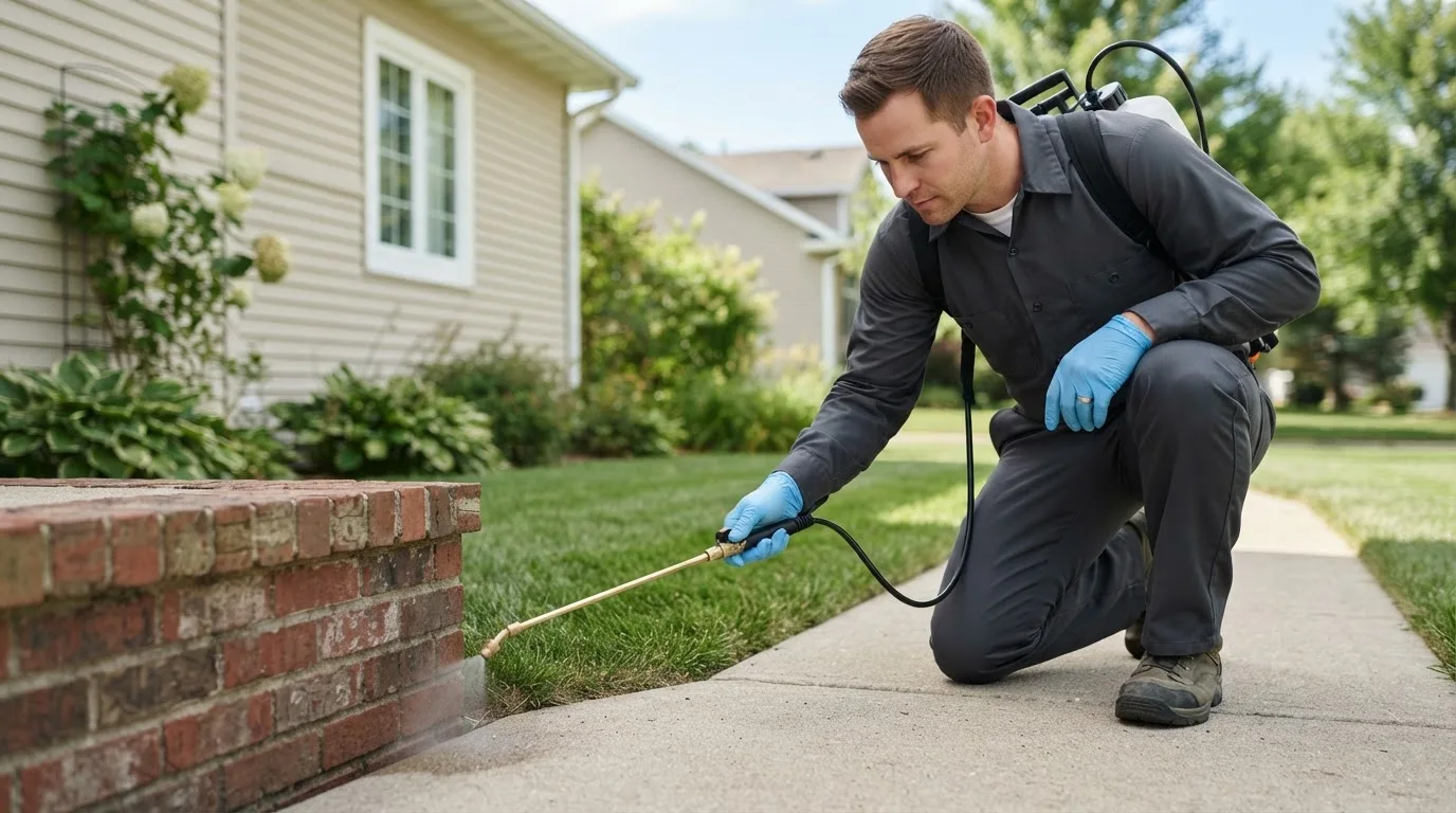 Pest control technician treating a home near Riley, KS